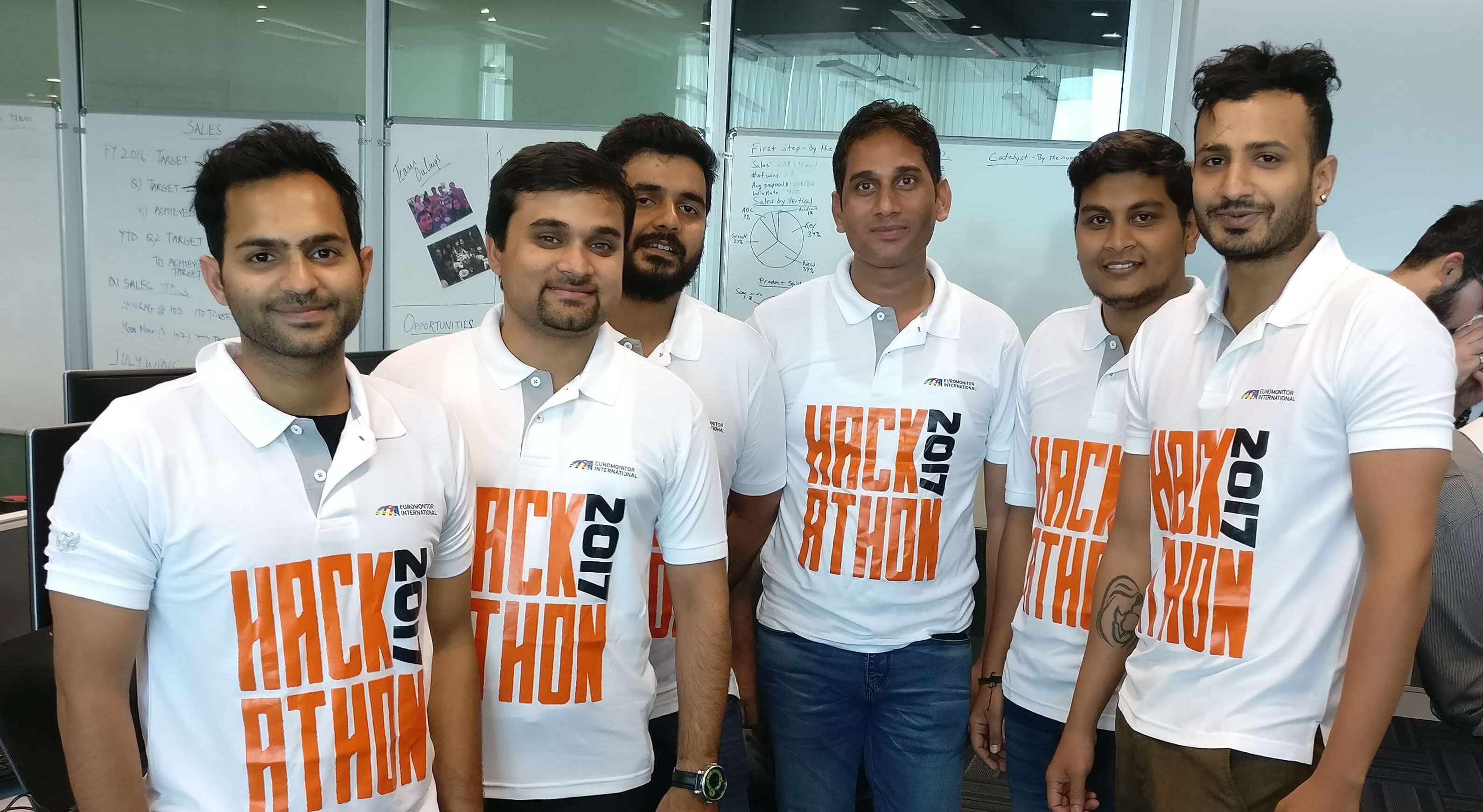 Euromonitor technology team in Bangalore sporting Hackathon 2017 shirts