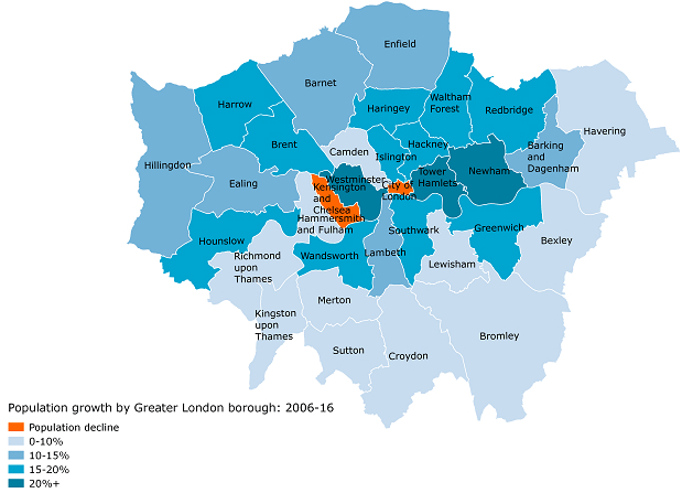 map of population growth by greater london borough 2006-2016