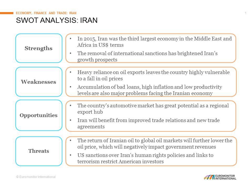 Swot Analysis: Iran. Strengths: In 2015, Iran was the third largest economy in the Middle East and Africa in US$ terms. The rEmoval of international sanctions has brightened Iran's growth prospects. Weaknesses: Heavy reliance on oil exports leaves the country highly vulnerable to a fall in oil prices. Accumulation of bad loans, high inflation and low productivity levels are also major problems facing the Iranian economy. Opportunities: The country's automotive market has great potential as a regional export hub. Iran will benefit from improved trade relations and new trade agreements. Threats: The return of Iranian oil to global oil markets will further lower the oil price, which will negatively impact government revenues. US sanctions over Iran's human rights policies and links to terrorism restrict American investors. 